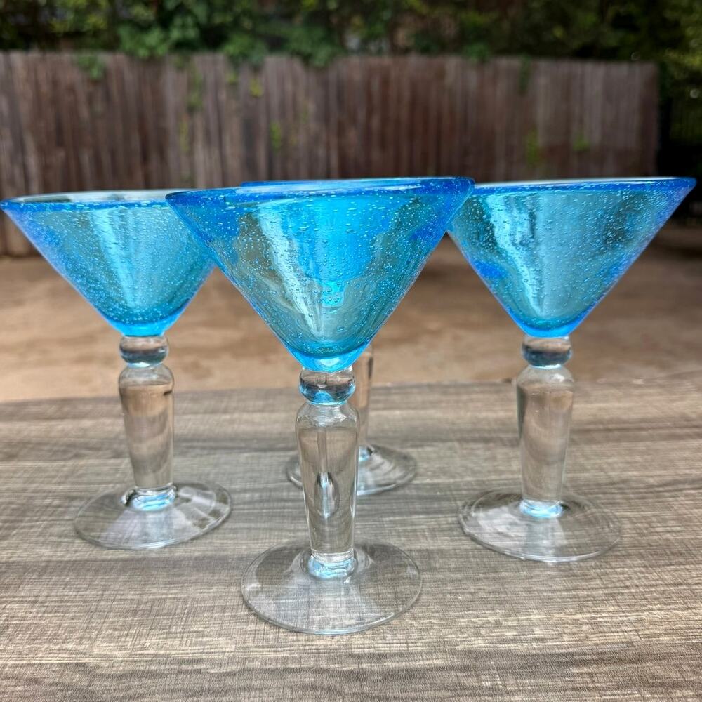 Hand Blown Aqua Blue Martini Glasses Seeded Bubble Glass Clear Stem-Set of 4
